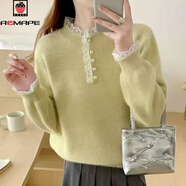 AEMAPE水貂絨套頭毛衣女2025秋冬新款蕾絲拼接珍珠紐扣加厚寬松保暖打底 黃色 L 110-120