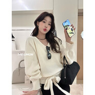 念琢新款綠茶秋冬韓系氛圍感設計感蝙蝠袖V領(lǐng)綁帶長(cháng)袖針織毛衣衫 米白 均碼 （80-130