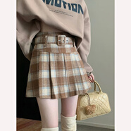 佐敘格子毛呢半身裙女2025秋冬季新款學(xué)院風(fēng)加厚顯瘦A字包臀百褶短裙 卡其色 （配腰帶） L （85-100斤）