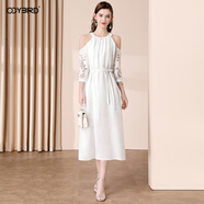 歐迪鳥(niǎo)白色苧麻露肩連衣裙女夏季2025新款氣質(zhì)輕奢鏤空繡花度假長(cháng)裙 白色 M