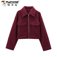 啄木鳥(niǎo)（TUCANO）ins風(fēng)網(wǎng)紅歐美秋冬新品時(shí)尚毛呢短外套女感休閑夾克 酒紅色 M 歐美尺碼偏大
