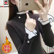 AEMAPE加絨厚加厚毛衣女外穿秋冬新款修身針織洋氣內搭上衣蕾絲打底衫 咖啡色 加絨 L 105-115斤