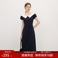 范思藍恩撞色拼接燈籠袖連衣裙女2025夏新款一字襯衫領(lǐng)中長(cháng)裙2849 藏藍色 M