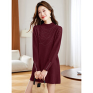 拉夏貝爾（La Chapelle）2025秋冬新款半高領(lǐng)燙鉆毛衣女寬松針織內搭中長(cháng)款遮屁股打底上衣 紅色 2XL 120-140斤