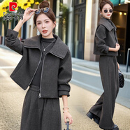 皮爾卡丹（pierre cardin）歐洲站時(shí)髦毛呢套裝女秋冬新款休閑減齡氣質(zhì)顯瘦闊腿褲三件套 灰色 兩件套 M