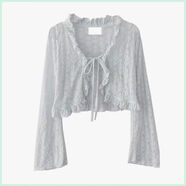 法式小坎肩罩衫夏季新款韓版溫柔風(fēng)木耳邊系帶薄款喇叭袖蕾絲開(kāi)衫 藍色 S S適合85斤左右