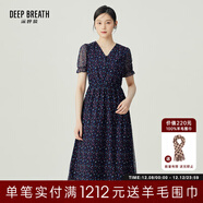 深呼吸DEEP BREATH女裝法式V領(lǐng)網(wǎng)紗彈力松緊腰印花連衣裙A500294 藍花 L (4)