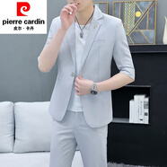 皮爾卡丹夏季小西裝男套裝薄款中袖休閑西服韓版修身短袖外套潮男痞帥春秋 9530灰色中袖套裝 (西服+褲子+白 2XL 適合：135-150斤