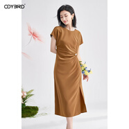 歐迪鳥(niǎo)2025夏季新款時(shí)尚扭褶收腰開(kāi)衩裙子氣質(zhì)純色短袖連衣裙 咖色 S