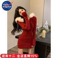 nasawassup純欲辣妹圣誕性感跨年戰袍連衣裙女秋冬連帽毛領(lǐng)針織紅色包臀裙子 紅色【性感跨年戰袍】厚實(shí)賊保暖 M