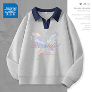真維斯（JEANSWEST）衛(wèi)衣女外套春秋冬季新款polo領撞色寬松上衣服女生長袖設計感女裝 麻灰 淡彩蝴蝶 2XL 【推薦體重161-175斤】