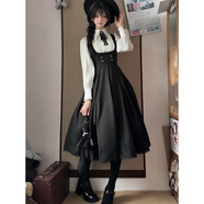 皮爾卡丹（pierre cardin）薄霧森林秋冬新款日系哥特風(fēng)收腰連衣裙套裝 白色上衣+背帶連衣裙兩件套 XL