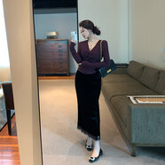 歌弗婭紫色長(cháng)袖v領(lǐng)蕾絲衫秋冬內搭疊穿打底衫可外穿加絨磨毛上衣 黑色 半身裙 M