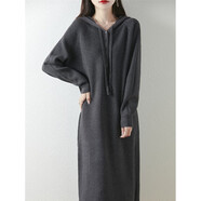 AEMAPE針織連衣裙秋冬新款超好看連帽中長(cháng)款毛衣裙加厚保暖寬松長(cháng)袖裙子 灰色 XL 建議120-135斤