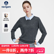 Navigare意大利小帆船女士假兩件全羊毛針織衫休閑毛衣2334014502 灰 L 