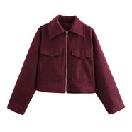 歐美女裝短外套女春季廓形時(shí)尚休閑寬松夾克女短款氣質(zhì)翻領(lǐng)外套女 酒紅色 SHE8684短款外套 XS