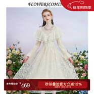 flowerscoming花兒開(kāi)了2024春季新款法式網(wǎng)紗刺繡連衣裙女氣質(zhì)V領(lǐng)荷葉邊公主裙 杏金色 L