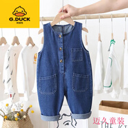 G.duck男童加絨背帶褲秋冬兒童牛仔褲保暖洋氣女寶寶冬季加厚棉褲可開(kāi)襠 春秋款藍色 90cm