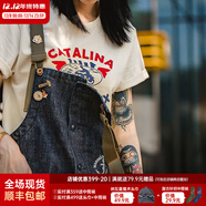 馬登女裝 美式復古重磅連體工裝褲休閑直筒闊腿長(cháng)褲寬松牛仔背帶褲 牛仔藍 （版型偏大，建議拍小一碼） S