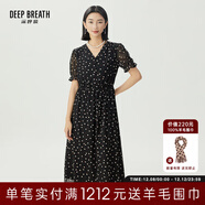 深呼吸DEEP BREATH女裝法式V領(lǐng)網(wǎng)紗彈力松緊腰印花連衣裙A500294 黑 S (2)
