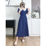 蕾絲娃娃領(lǐng)棉綢碎花連衣裙女夏2025獨特絕美人造棉掐腰顯瘦長(cháng)裙子 藍色小白花 3XL 3XL100-120