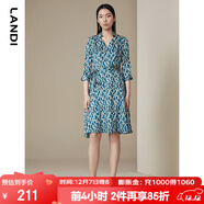 藍地新款孔雀藍印花七分袖碎花連衣裙女高腰a字中長(cháng)裙春夏 孔雀藍 M