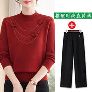 Liser和滿(mǎn)堂服飾商行中老年媽媽冬裝加絨加厚針織毛衣女裝寬松保暖上衣 安哥拉紅+黑色直筒褲(春秋款) XL 建議85-105斤