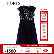 PORTS寶姿女裝夏新品拼接蕾絲雪紡荷葉邊連衣裙ALM8D100GWS001 丈青 L (8)