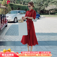 皮爾卡丹收腰顯瘦紅色連衣裙女春夏法式長(cháng)裙魚(yú)尾裙寬松雪紡裙子新娘襯衫裙 紅色短袖 M (120到135斤)