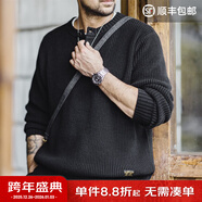馬登工裝美式復古豎條紋亨利領(lǐng)毛衣寬松加厚黑色打底針織衫男秋冬 黑色 【毛衣男高級感/毛線(xiàn)衣/針織外套男】 2XL 【寬松版型,可拍小一碼】