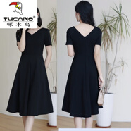 啄木鳥(niǎo)（TUCANO）2025春夏新款感赫本小黑裙V領(lǐng)吊帶顯瘦無(wú)袖背心打底連衣裙女 黑色前后V領(lǐng)短袖中長(cháng)款 031 S