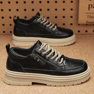 鈺基復古鞋子男鞋2025新款秋冬通勤厚底工裝皮鞋男士休閑鞋低幫馬丁靴 黑色 39