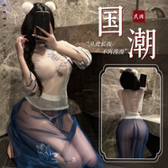 臻媚睡衣女薄款內衣旗袍透明睡裙丁字褲套裝家居服夫妻調情 藍白 1686