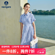Navigare意大利小帆船女全棉條紋連衣裙短袖收腰中長(cháng)裙2322875516 藍 S