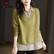 AEMAPE襯衫領(lǐng)假兩件毛衣針織衫女士秋冬2025新款時(shí)尚洋氣上衣氣質(zhì)女裝 橄欖綠 XL 115-130斤