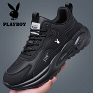 花花公子男鞋秋冬加絨男士運動(dòng)休閑鞋減震皮面防滑軟底跑步鞋子 黑色_皮面款【866】 41