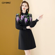 歐迪鳥(niǎo)（ODYBIRD）時(shí)尚翻領(lǐng)印花連衣裙女2025秋季新款氣質(zhì)顯瘦小個(gè)子中長(cháng)a字裙 黑色 2XL