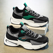 紅蜻蜓（RED DRAGONFLY）春秋季男鞋2025新款網(wǎng)面運動(dòng)跑步百搭休閑厚底增高老爹 黑綠 44