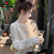 AEMAPE針織衫女2026秋冬女裝新款氣質(zhì)粉色毛衣女鏤空短款套頭上衣 奶油白  M _建議90-105斤