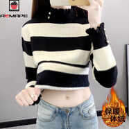 AEMAPE加絨加厚一體絨木耳邊毛衣女秋冬新款條紋針織打底衫顯瘦洋氣上衣 黑色【一體絨保暖】 XL 120-130斤