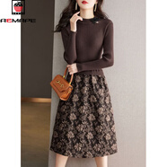 AEMAPE針織連衣裙女冬秋打底裙子2025新款秋裝時(shí)尚裙子女裝假兩件毛衣裙 咖啡色 L
