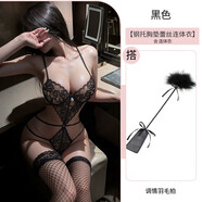2025新款性感小胸制服大尺度qqny床上挑逗男人睡衣誘惑裝 黑色[鋼托胸墊開(kāi)襠連體衣]+搭羽 均碼[建議體重80-120斤]