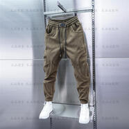 藝美美秋冬男士新款條絨拼接束腳加絨加厚休閑褲純色松緊腰燈芯絨小腳褲 卡其色 常規 均碼 30115-125