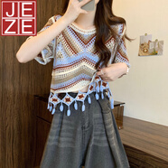 JEZE波西米亞風(fēng)刺繡鏤空設計感冰絲針織衫短袖T恤女夏民族風(fēng)半袖上衣 卡其色【z】 M