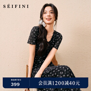 詩(shī)凡黎度假風(fēng)碎花V領(lǐng)雪紡連衣裙2025秋新款優(yōu)雅浪漫蕾絲拼接長(cháng)裙 黑色 XL