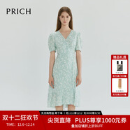 PRICH法式泡泡袖V領(lǐng)碎花魚(yú)尾連衣裙小清新收腰女長(cháng)裙 41淺綠色 XS 155