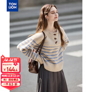 唐獅（TonLion）2025秋冬女半開(kāi)襟條紋拼接毛線(xiàn)衫
