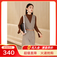 敦奴（DUNNU）dunnu敦奴秋季商場(chǎng)同款V領(lǐng)X版千鳥(niǎo)格背心連衣裙 中咖 2XL