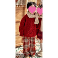 耀譽(yù)兒童新年衣服 冬裝套裝裙新款男女童拜年紅色毛衣加絨厚褲子 兩件套【毛衣+褲子】(童裝/衣服/秋冬裝/套裝/冬 90 cm