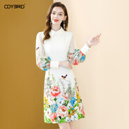 歐迪鳥(niǎo)（ODYBIRD）時(shí)尚印花連衣裙2025秋季新款翻領(lǐng)長(cháng)袖氣質(zhì)寬松顯瘦小個(gè)子裙子 杏色 2XL